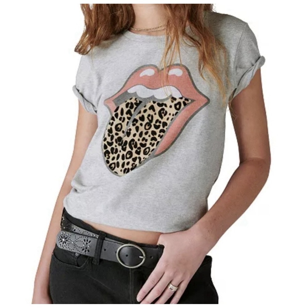 Lucky Brand Women T-shirt XXL Gray Graphic Leopard Tonge Lips Short Sleeves